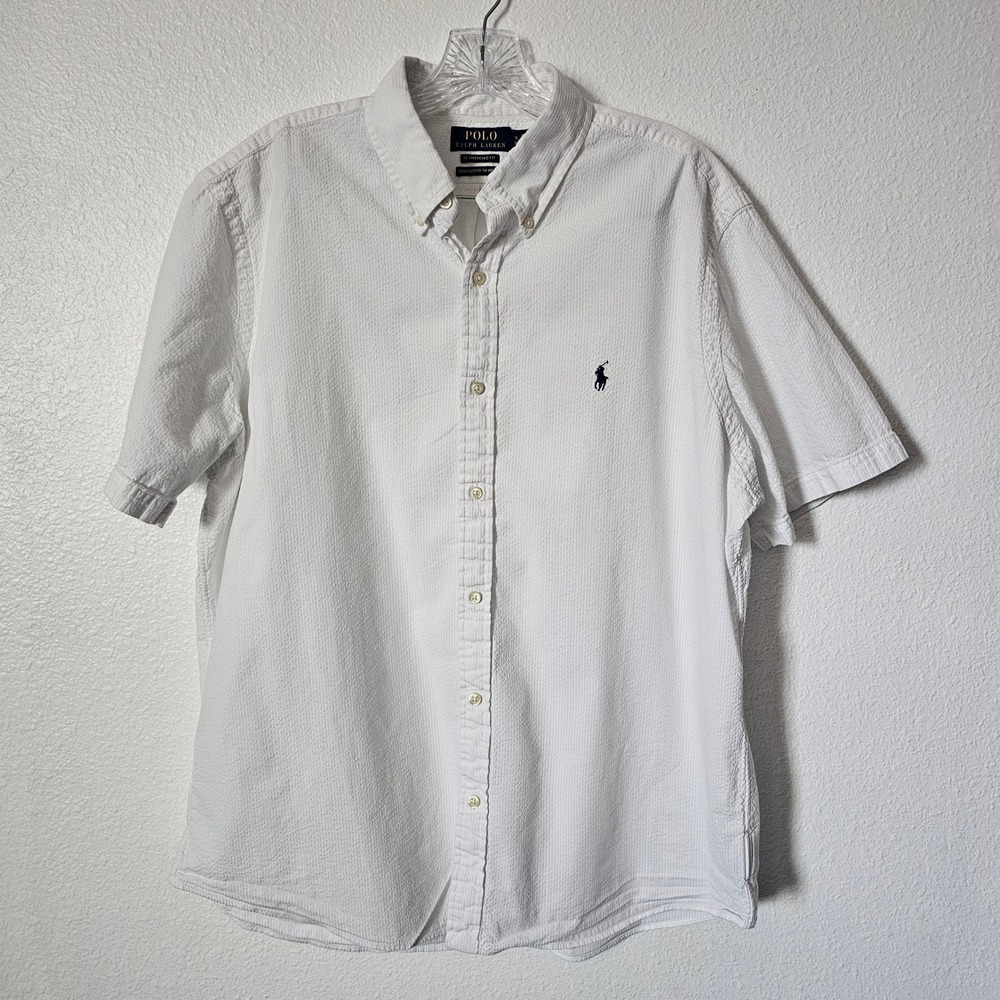 Polo Ralph Lauren Mens XL White Seersucker Short Sleeve Untucked Fit Shirt